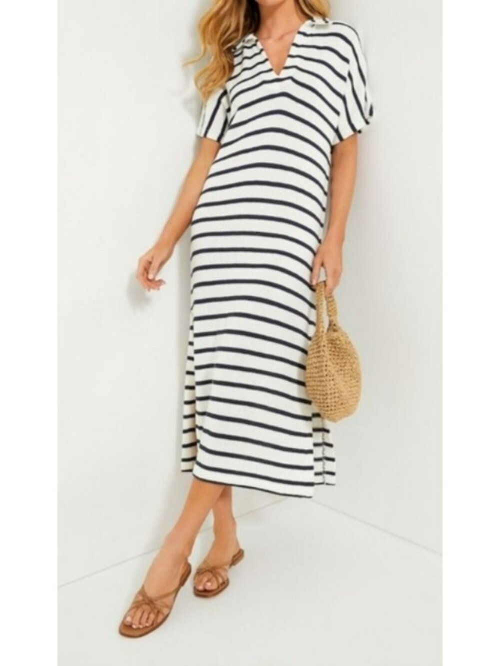 Pomander Place Striped Knit Collared Maxi Dress Navy & White XS/S Women Cover Up